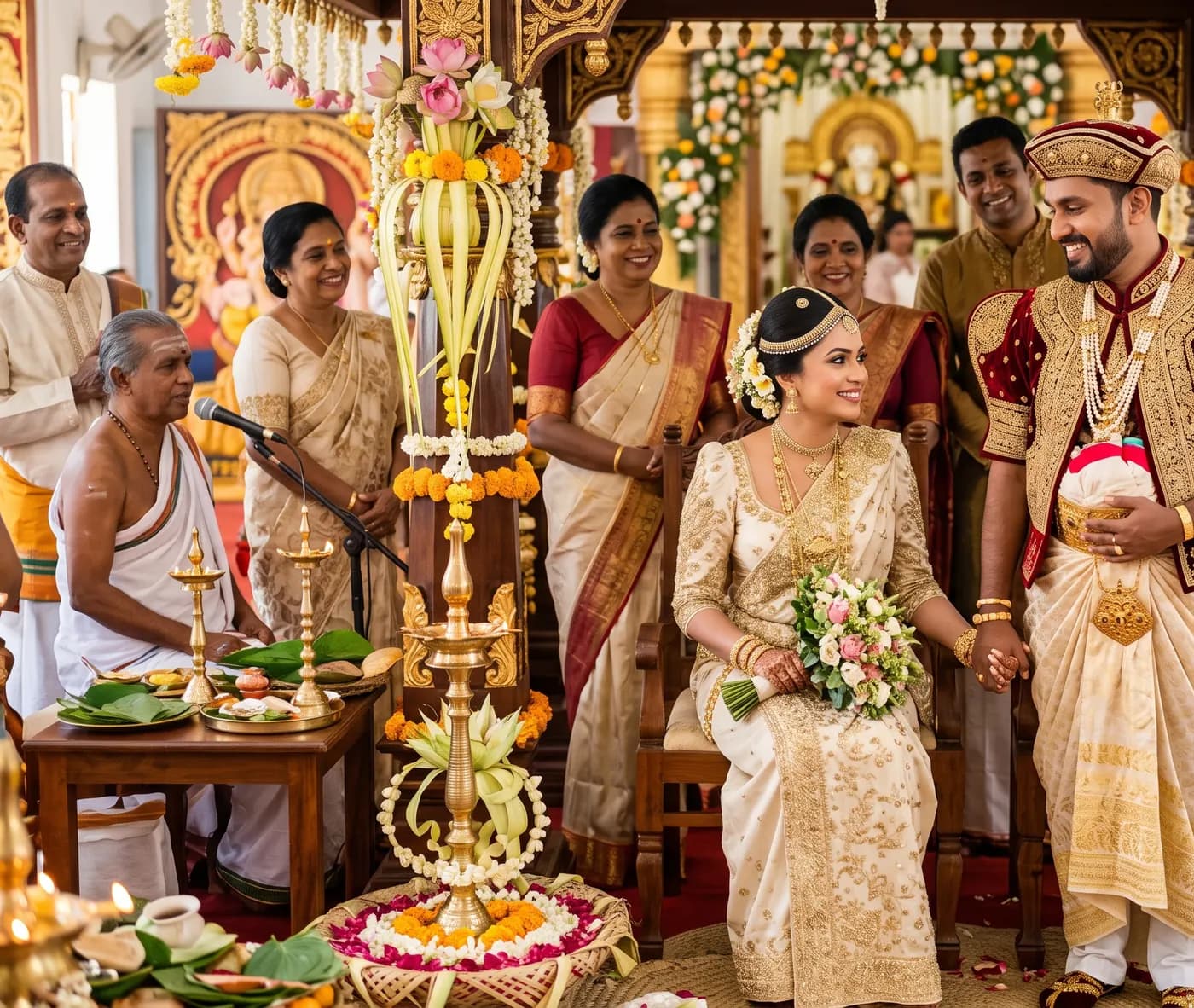 A Sri Lankan bride and groom in traditional Kandyan wedding dress at their wedding ceremony, surrounded by smiling family