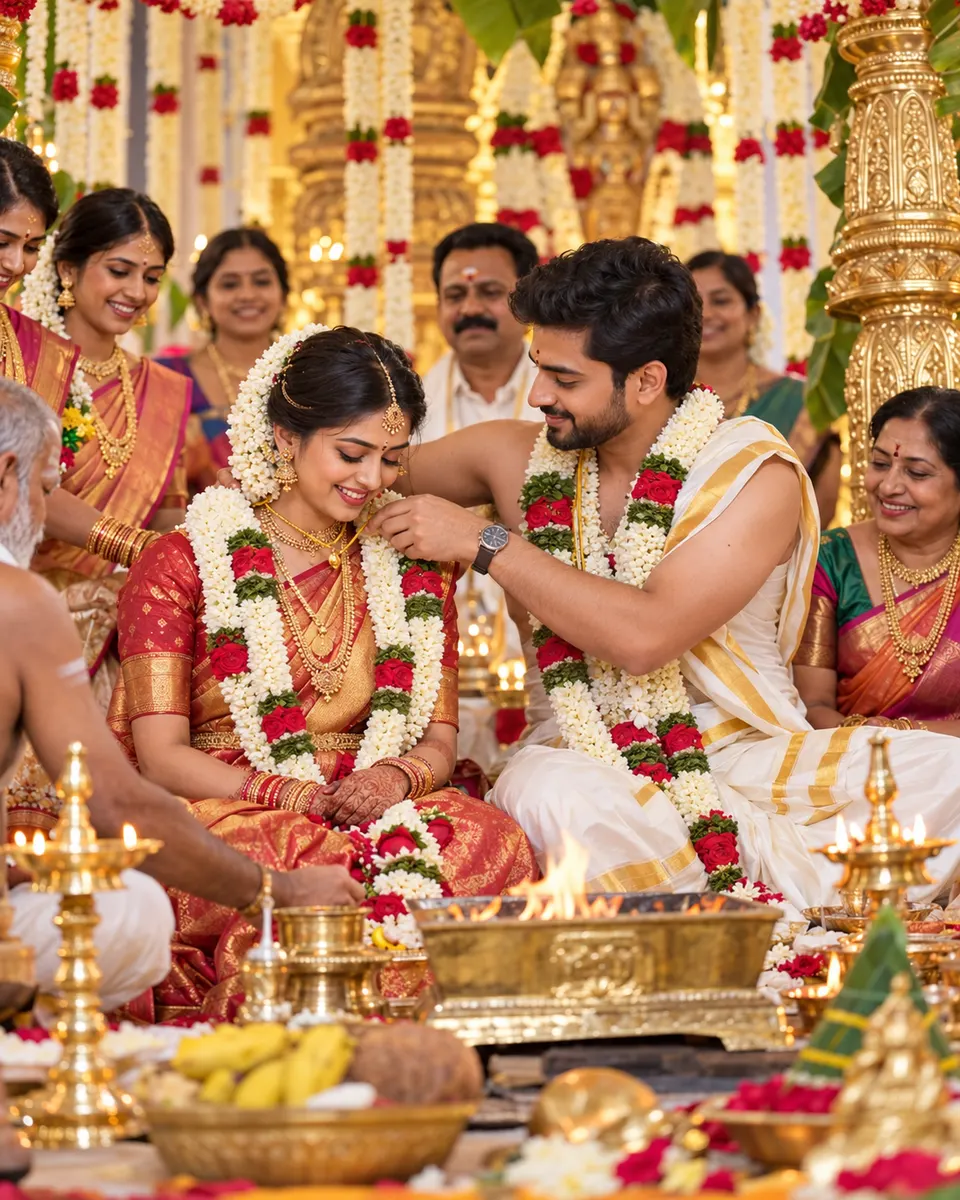 A Tamil Hindu couple exchanging flower garlands at their wedding, surrounded by family